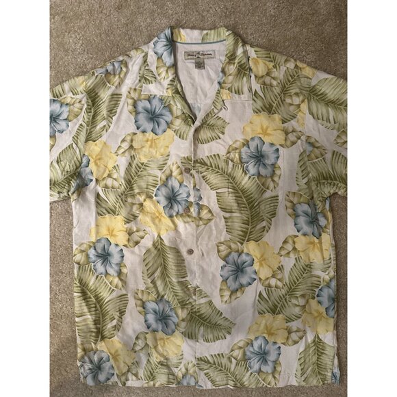 Tommy Bahama Men's Medium Silk Blue & Yellow Hibiscus Floral Hawaiian Shirt - Picture 3 of 6